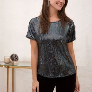 Laura Boat Neck Black Sequin Top Blouse Short Sleeve Women's Sz XXL